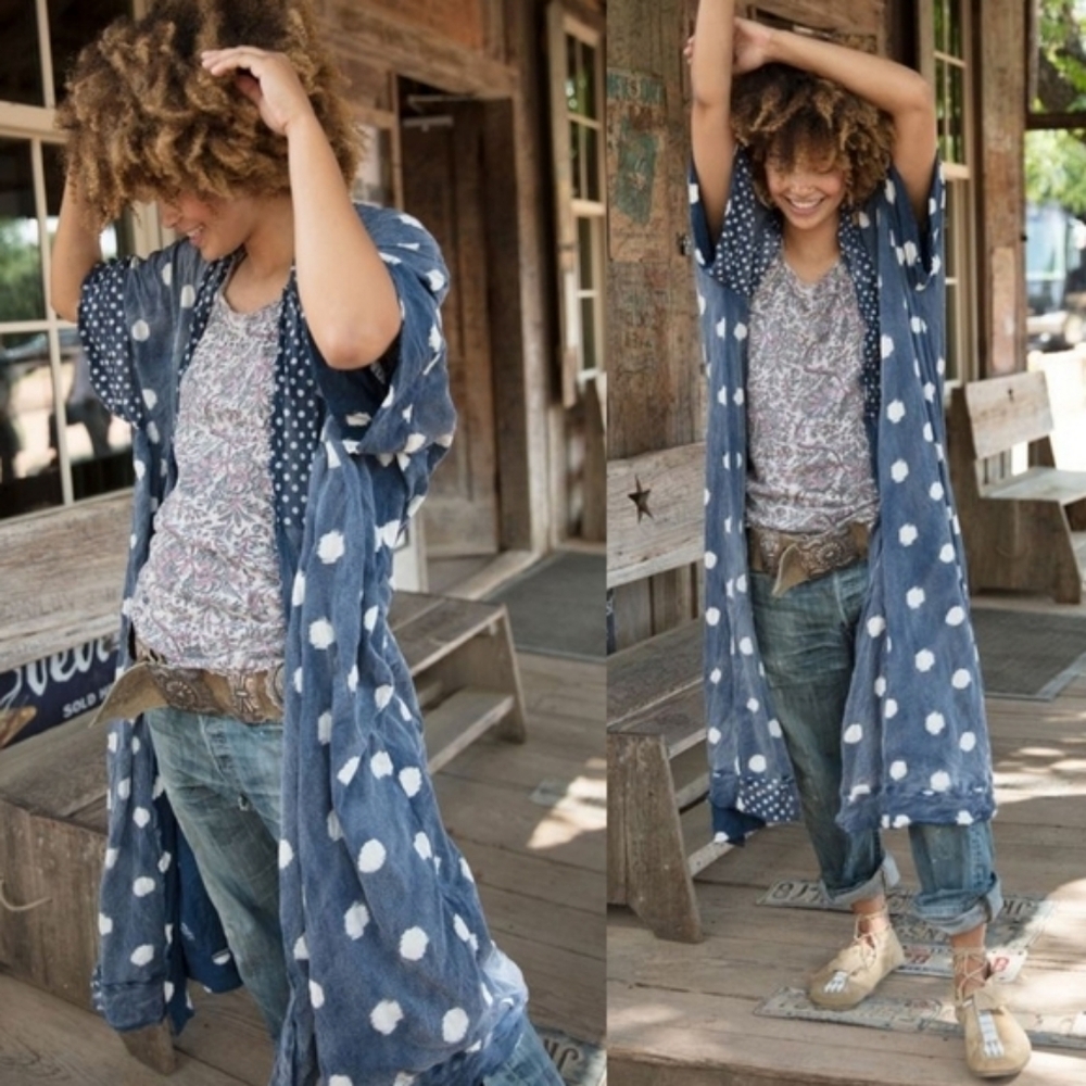 Magnolia Pearl Blue Polka Dot Kimono Teemono Faded Boro Navy Duster Jacket 255